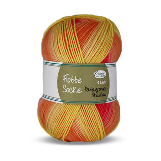 Sockenwolle Flotte Socke 4-fach in den Farben Rot und Gelb.