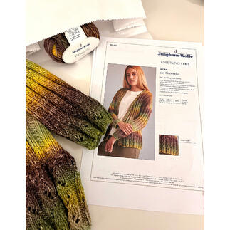 WoolBag mit Anleitung und Garn für eine Jacke aus Pinterella in warmen Farben.