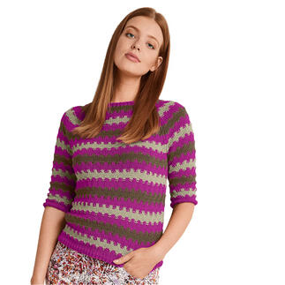 Damenpulli aus Cotone-Emozione in kräftigen Farben mit Streifenmuster und kurzen Ärmeln.