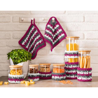 Anleitung 359/1, 2 x gehäkelte Topflappenpaare & 2 Eierwärmer & Vorratsgläserbanderolen aus Frottee XL von Woolly Hugs Anleitung 359/1, 2 x gehäkelte Topflappenpaare, ca. 20 x 20 cm & 2 Eierwärmer & Vorratsgläserbanderolen aus Frottee XL von Woolly Hugs 