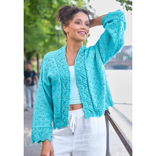 Türkise Jacke mit Lochmuster, Modell aus Basic Cotton von Pro Lana.