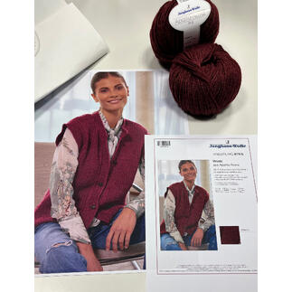 WoolBag Weste mit ausgedrucktem Bild und Garn auf einem Tisch.
