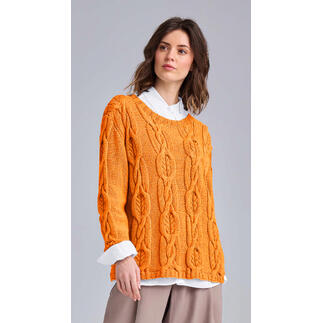 Helle orangefarbene Pullover aus Merino-Cotton mit Zopfmuster.