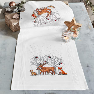 Tischwäsche mit eingewebtem Zierrand - Tiere im Wald 