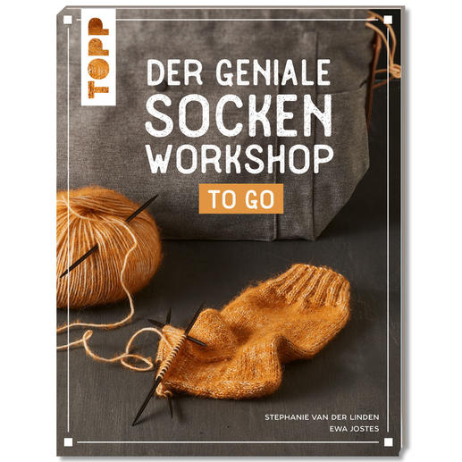 Buchcover für den geniale Socken-Workshop, zeigt orangefarbene Socke und Wolle.