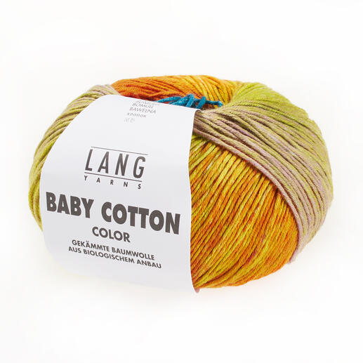 Wollknäuel in Regenbogenfarben mit Etikett von LANG Yarns.