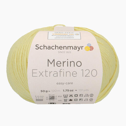 Knäuel Merino Extrafine 120 von Schachenmayr in frischem Zitronengelb.