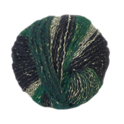 Garnball Surprise Knitting in Grün auf weißem Hintergrund.