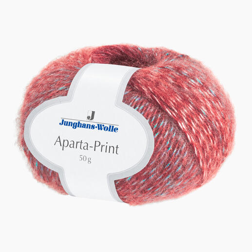 Wolle Aparta-Print in Rot, 50 g mit Etikett.