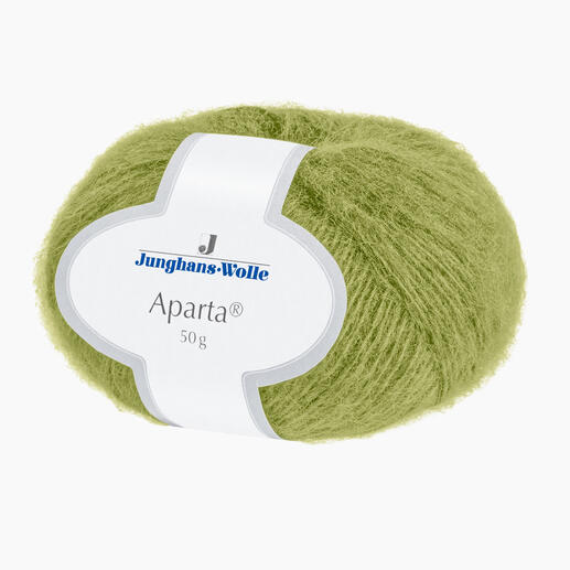 Wolle Aparta in Oliv, 50 g mit Etikett.