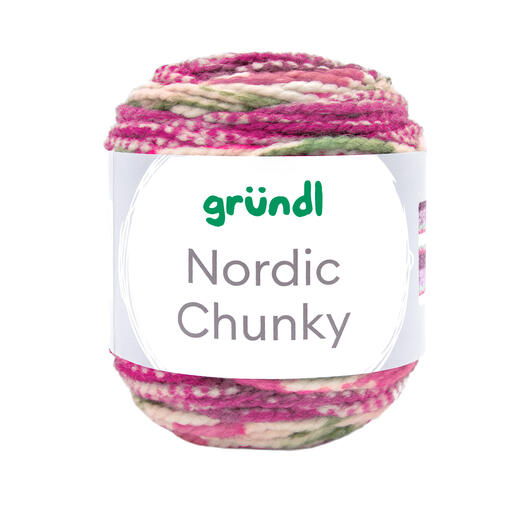 Wollknäuel Nordic Chunky in Grün/Aubergine/Koralle/Natur, 100g.