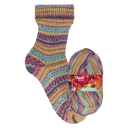 Sockenwolle Laubgeflüster 4-fach von Opal in Igelrascheln, bunten Streifen für Socken.