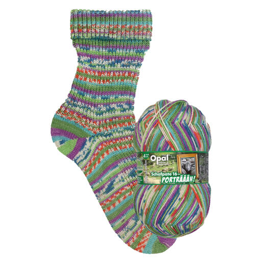 Grüne Socken mit buntem Muster und passendem Garn.