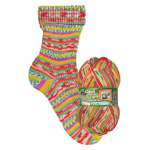 Bunte Socken in Rot-, Gelb- und Grüntönen mit passendem Garn.