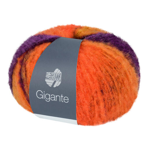 Gigante von Lana Grossa, mehrfarbiges Garn in Dunkelviolett, Gelb und Orange.