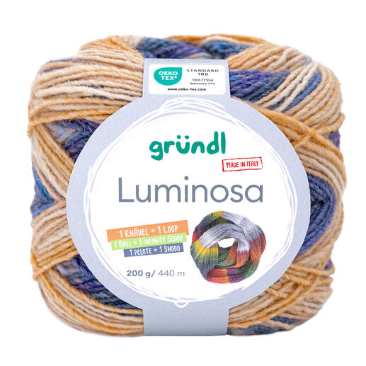 Luminosa Wolle von Gründl in Sandbraun, Taubengrau und Königsblau.