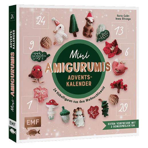 Buchcover für den Mini Amigurumis Adventskalender mit Häkelfiguren.