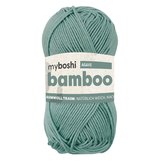 Mintgrüner Wollknäuel 'myboshi Bamboo' auf einem weißen Hintergrund.