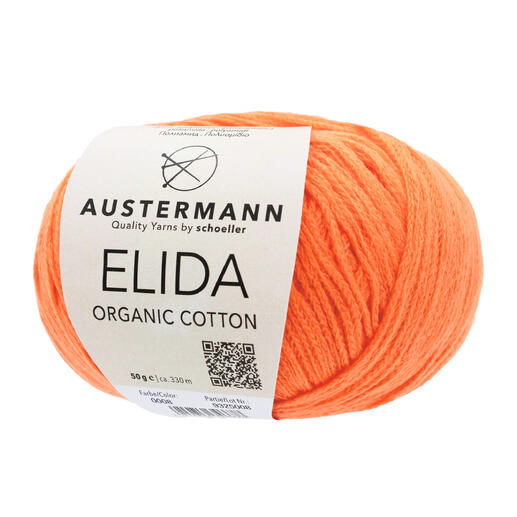 Austermann Elida Garn in leuchtendem Orange mit Etikett.