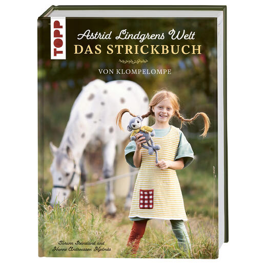 Buchcover von 'Das Astrid Lindgren Strickbuch' mit einem Kind und einem Pferd.