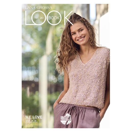 Lana Grossa Lookbook Nr. 20 mit einer Frau in einem gestrickten Oberteil.