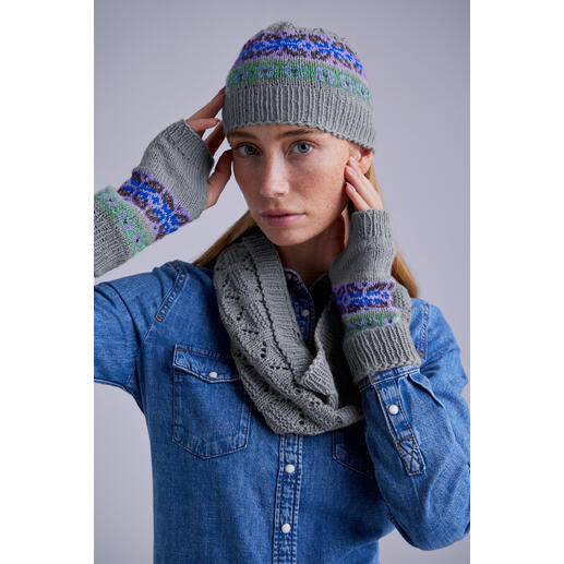 Grau gestrickte Pulswärmer, Loop & Mütze aus Kaschmir