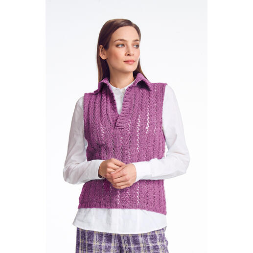 Lila Polo-Pullunder aus Merino-Cotton mit strukturiertem Muster.