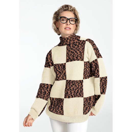 Beiger Pullover mit großem Karomuster aus Merino-Extrafein.