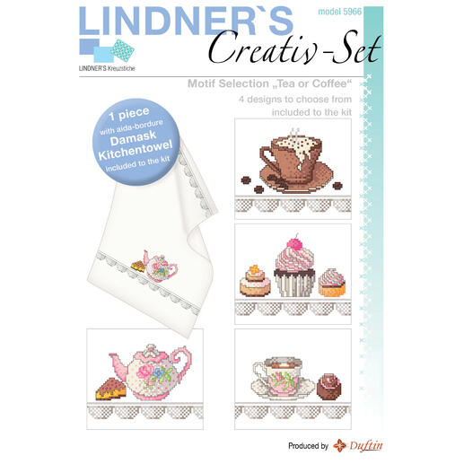 Creativ-Set für ein Geschirrtuch mit Motiven von Tee und Kaffee.