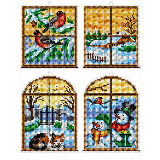 Set von 4 Fensterbildern mit Wintermotiven