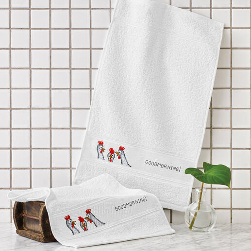 Set von zwei Gästetüchern mit Hühnerstoff und buntem Design