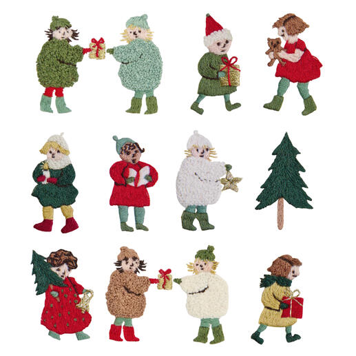 Bilder von gestickten Figuren auf einem Hintergrund.