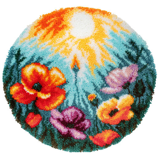 Runder Teppich mit Mohnblumenmotiv und Sonnenstrahlen