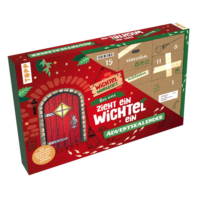 Adventskalender mit einem Wichtel-Motiv und Tür für die täglichen Überraschungen.