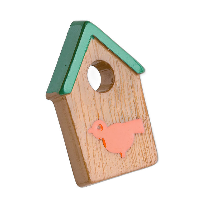 Holz Vogelhäuschen in braun mit grüner Dachspitze und Vogelmotiv.