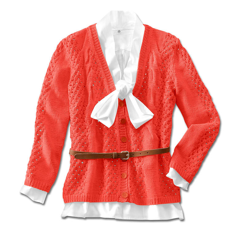 Rote Damenjacke mit Hüftband und großem Kragen, gestrickt.