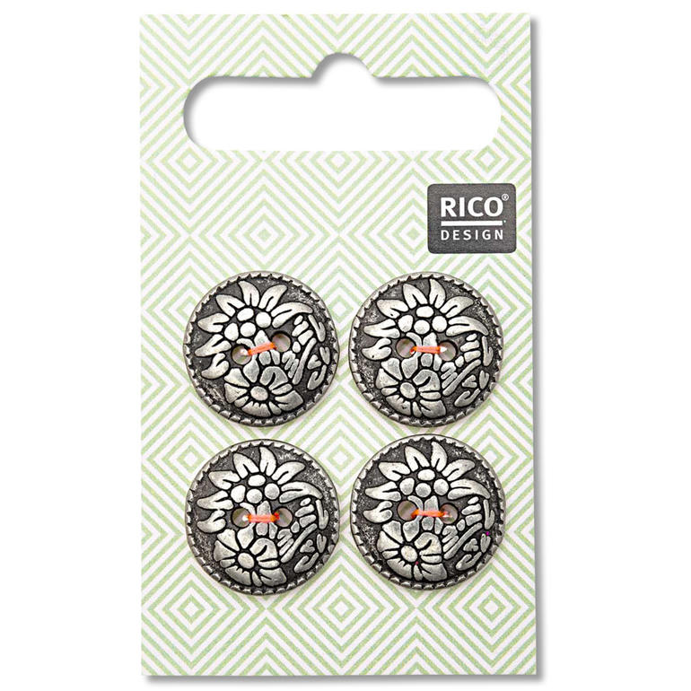 Trachtenknöpfe mit Blumenmuster, vier Stück.