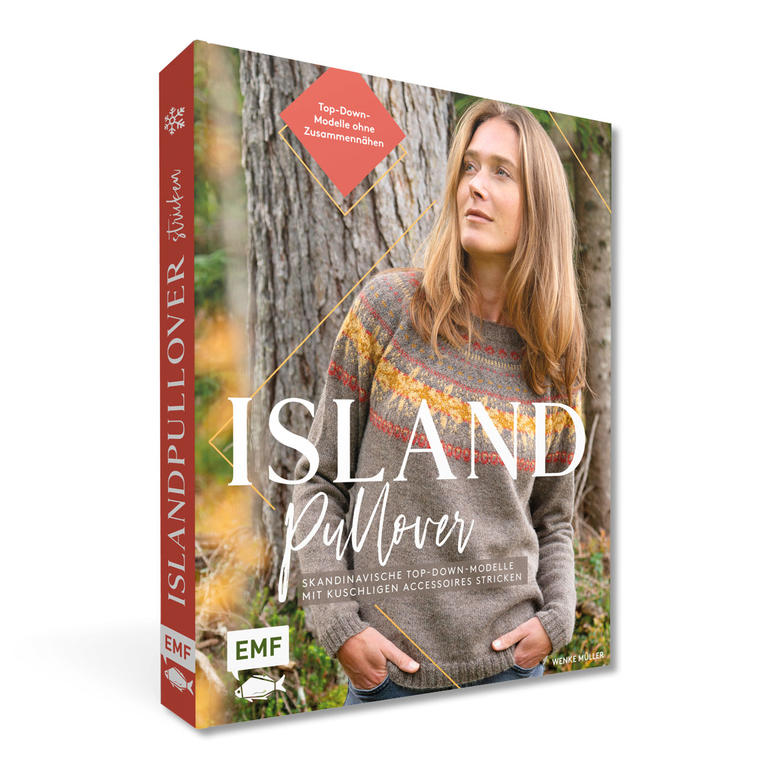 Buchcover für Islandpullover stricken mit farbenfrohem Design und Frau in Pullover.