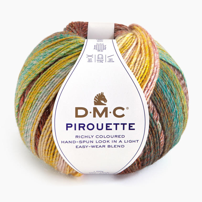 Wollknäuel 'Pirouette' von DMC in warmen Erdtönen.