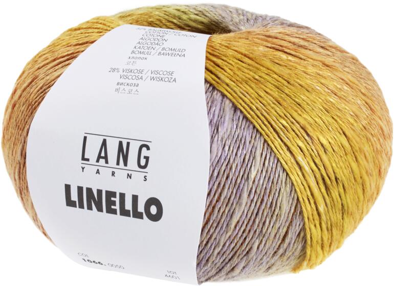 Linello von LANG Yarns, Farbverlauf in Gelb und Lila, auf weißem Hintergrund.