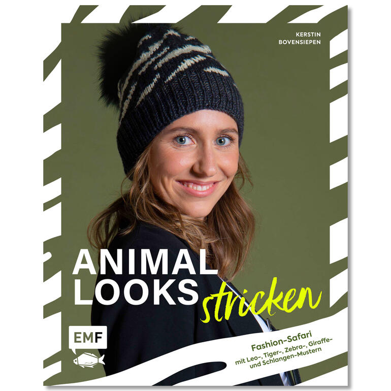 Buchcover von 'Animal Looks stricken' mit Modell in Mütze und lächelndem Gesicht.