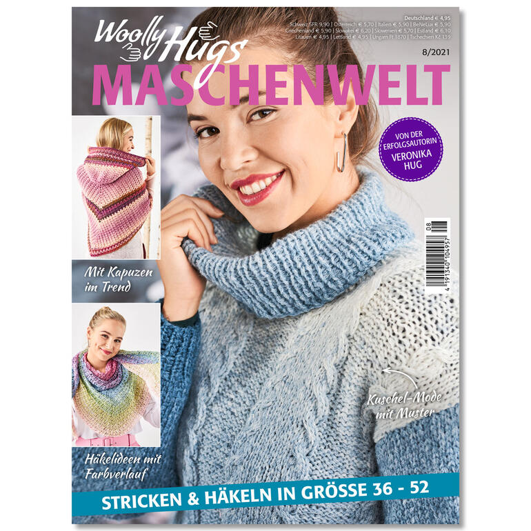 Heft Woolly Hugs Maschenwelt 8/21 mit Anleitungen und Strickmodellen.