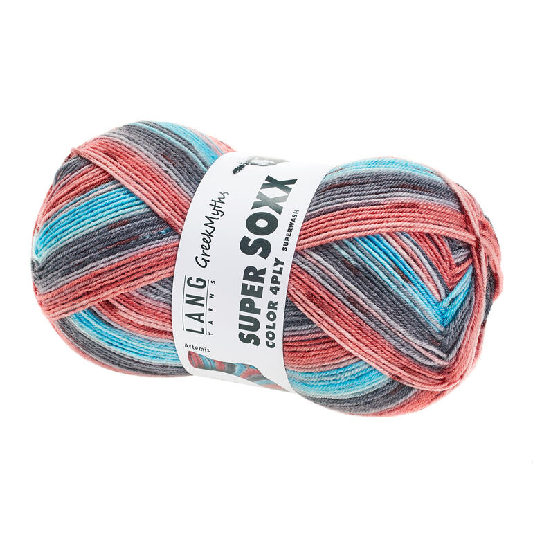 Sockenwolle Super Soxx Greek Myths in rot-blauen Tönen, 4-fach, von LANG Yarns.