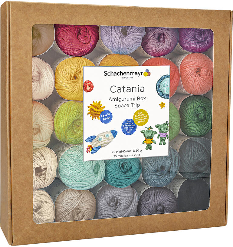 25er-Set Catania Box mit verschiedenen Garnfarben, ideal für Amigurumi-Projekte.