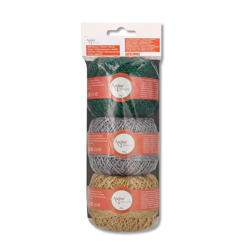 Drei Metallic-Garne in glitzernden Farben.
