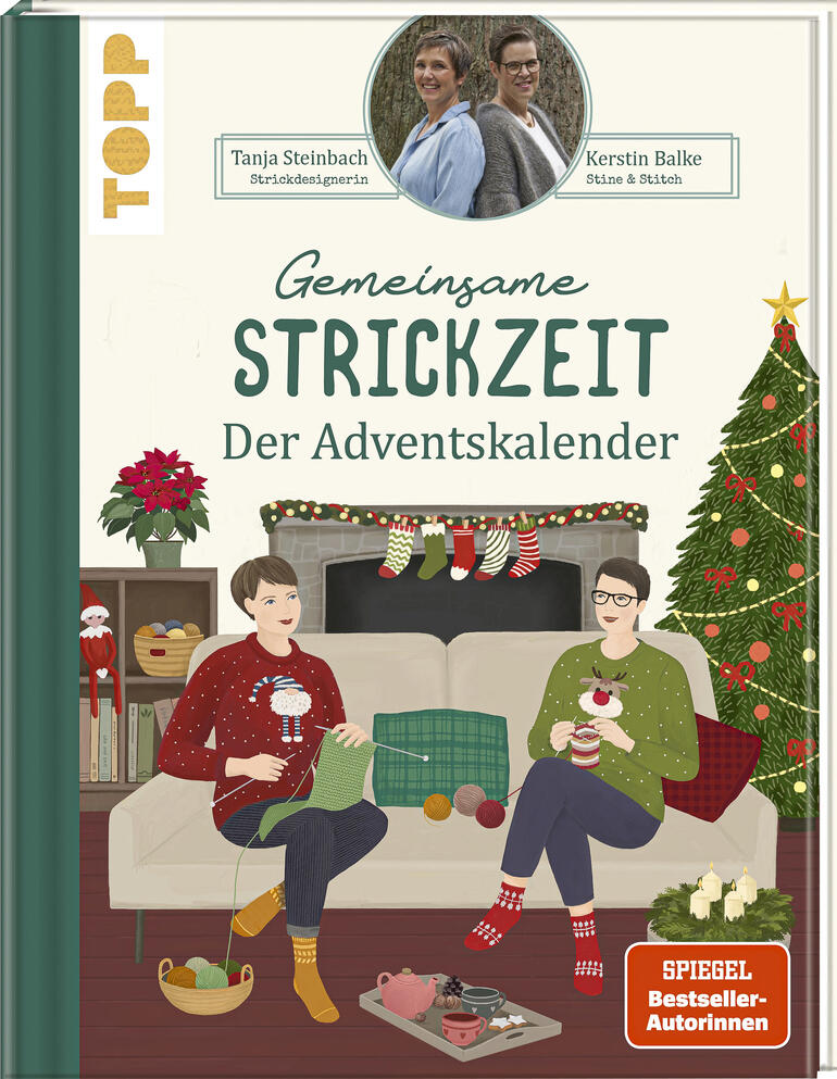 Buchcover für den Adventskalender 'Gemeinsame Strickzeit' mit zwei Frauen beim Stricken.