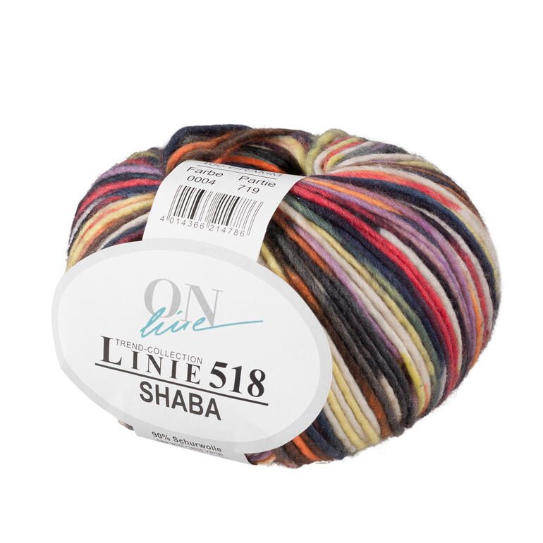 Linie 518 Shaba von ONline, lebhaftes Garn in Orange, Gelb, Lila und Blau.