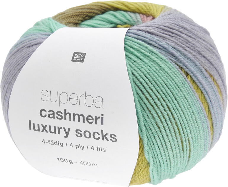 Grün-braune Sockenwolle 'Superba Cashmeri Luxury Socks' von Rico Design, 100g Knäuel.