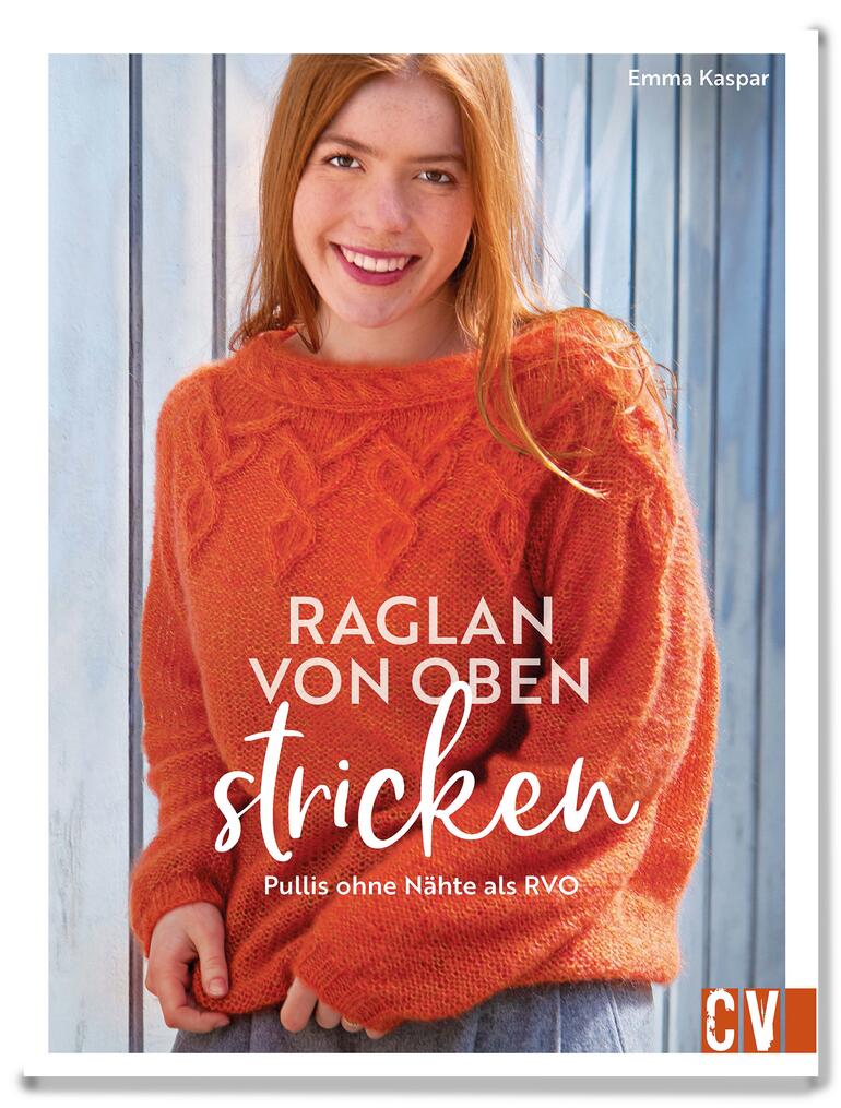 Buchcover über Raglan-stricken von oben mit einem Modell in einem orangenen Pullover.