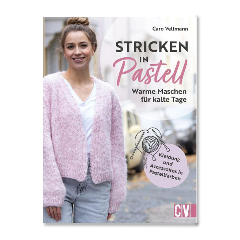 Buchcover über Stricken in Pastell mit einem Modell in einer pastellfarbenen Jacke.